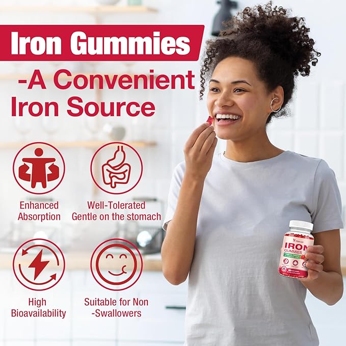 2 Pack Vegan Iron Gummies, Iron Supplement for Women & Men, with Vitamin C, A, B-Complex, Folate, Zinc, and Biotin, Strawberry Flavor, 120 Count