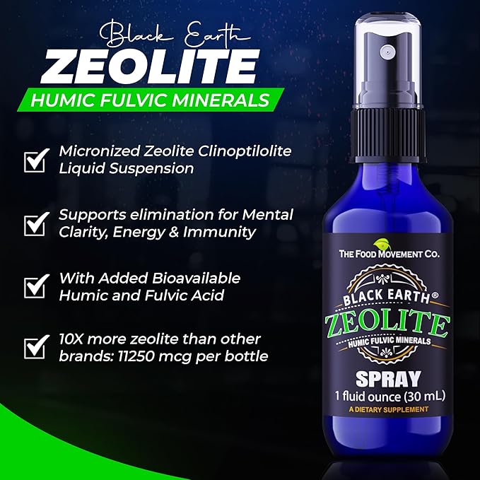 Black Earth Zeolite with Humic Fulvic Acids, Trace Minerals, for Adults and Kids Supports Gut Health, Immune Support, Digestion and Elimination and More 1oz Liquid Pump Spray Supplement