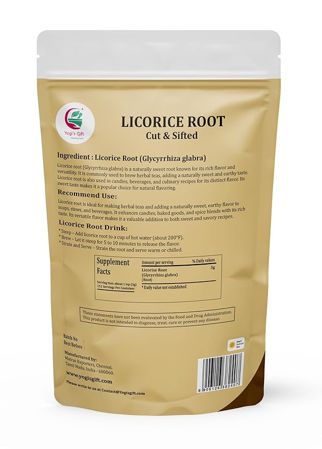 Licorice Root 1 LB, Cut and Sifted, 100% Pure & Natural Dried Licorice Root, Premium Quality, Ideal for Tea, Herbal Blends, and Wellness Uses - By Yogiโs Giftยฎ