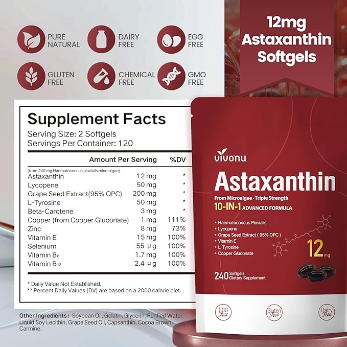 Astaxanthin 12mg, 720 Softgels, Fresh Haematococcus Pluvialis 10 in 1 Astaxanthin Antioxidant Supplements, Contains Lycopene, Grape Seed, Vitamin E, & More Supports Eye, Joints, Skin Health, 3 Bag
