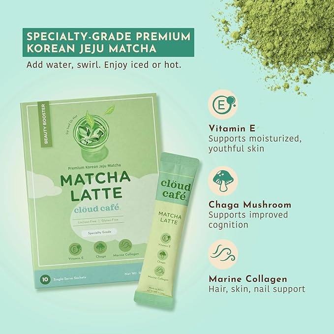 Clöud Café Collagen Infused Matcha Latte Powder - Vitamin E, Chaga Mushroom, & Marine Collagen Powder Instant Tea (10 Sachets)