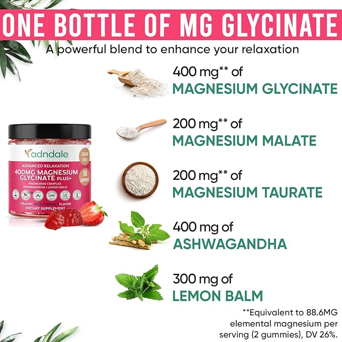 Adndale 180 CT Magnesium Glycinate Gummies 400 mg/Serv, with Ashwagandha, Magnesium Malate & Taurate, Sugar Free Chews for Adults & Kids Relaxation, Stress Relief, Night Rest, Muscle & Cardio Support
