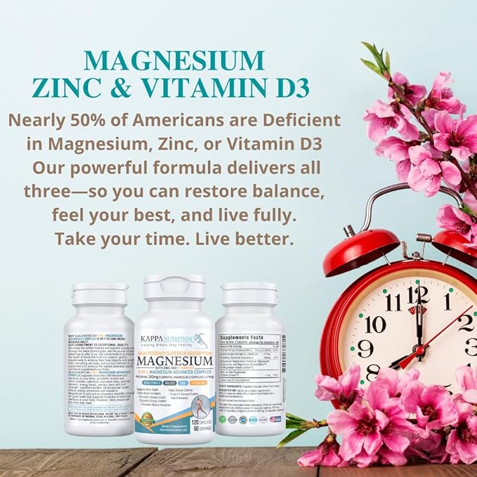 Kappa Nutrition Magnesium 4-in-1, 280mg Elemental Magnesium (Bisglycinate, Malate) + Zinc & Vitamin D3, Brain, Sleep, Energy, Muscle, Immune Support, 120 Vegan Capsules.