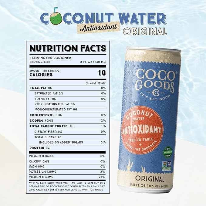CocoGoodsCo Antioxidant Drink with Coconut Water, Original – 35mg Natural Caffeine, 0g Sugar, Naturally Sweetened, 10 Calories, with Green Coffee & Vitamin E – 8.11 fl oz Cans (12 Pack)