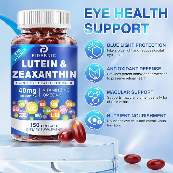 Lutein and Zeaxanthin Supplement - Eye Vitamins, 40 mg Lutein & 8 mg Zeaxanthin with Vitamins C, E, Zinc, Omega-3 & CoQ10 for Blue Light Protection, Eye Health Support, Eyebright - 150 Softgels