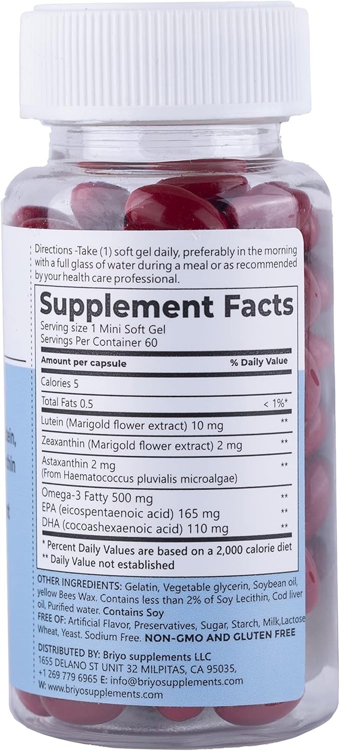 Briyo Optivital Eye Health Supplement with Lutein, Zeaxanthin, Astaxanthin and Omega 3 – Supports Visual Clarity, Screen Fatigue Relief and Long Term Retinal Health – One a Day, 60 Softgels