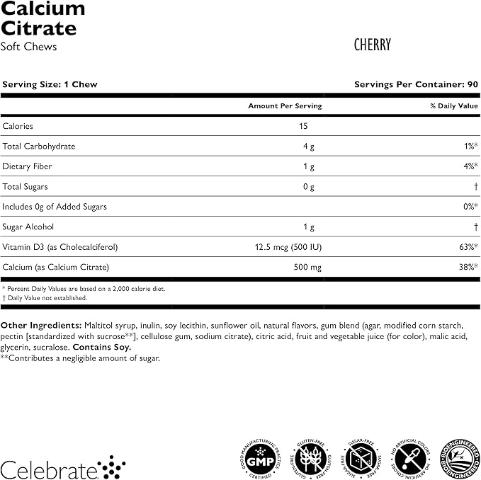 Celebrate Vitamins Bariatric 500mg Calcium Citrate Soft Chews with 500 IU Vitamin D3 – Essential for Gastric Bypass Patients & Bone Health - Sugar & Gluten Free, Cherry (90 Chews)