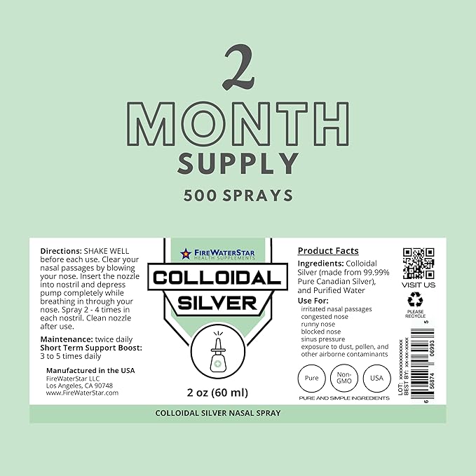FWS Colloidal Silver Nasal Spray - 2oz - Ultra Fine Silver Mist - 50 ppm - 99.99% Purity - Sinus Relief - Helps with Dry, Irritated, Stuffy Nose - Immune System Support - for Adults and Teens