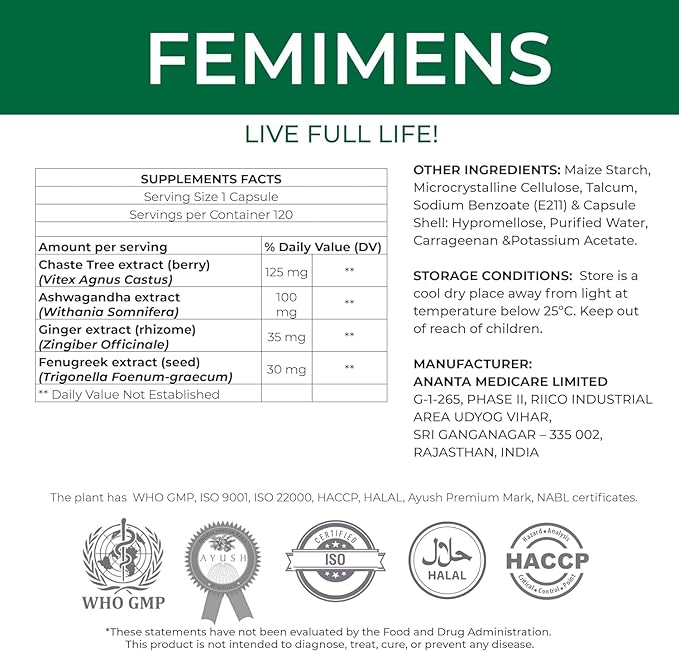 FEMIMENS – PMS Support Supplement for Women – PMS Relief for Women & Menstrual Cramp Relief – Hormonal Balance for Women – Chasteberry Vitex, Ashwagandha, Ginger, Fenugreek – 120 Vegan Capsules