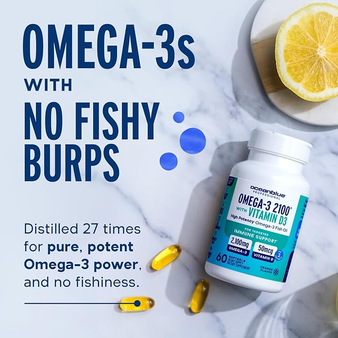 Oceanblue Professional Omega-3 2100 with Vitamin D3 – 120 ct – Triple Strength Burpless Fish Oil Supplement with High-Potency EPA, DHA, DPA and Vitamin D3 – Wild-Caught – Orange Flavor (60 Servings)
