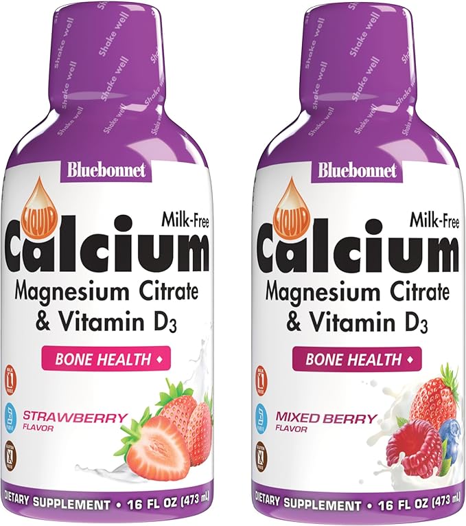 Bluebonnet Nutrition Liquid Calcium Magnesium Citrate & Vitamin D3 Daily Bone Support Supplement - Strawberry & Mixed Berry Bundle