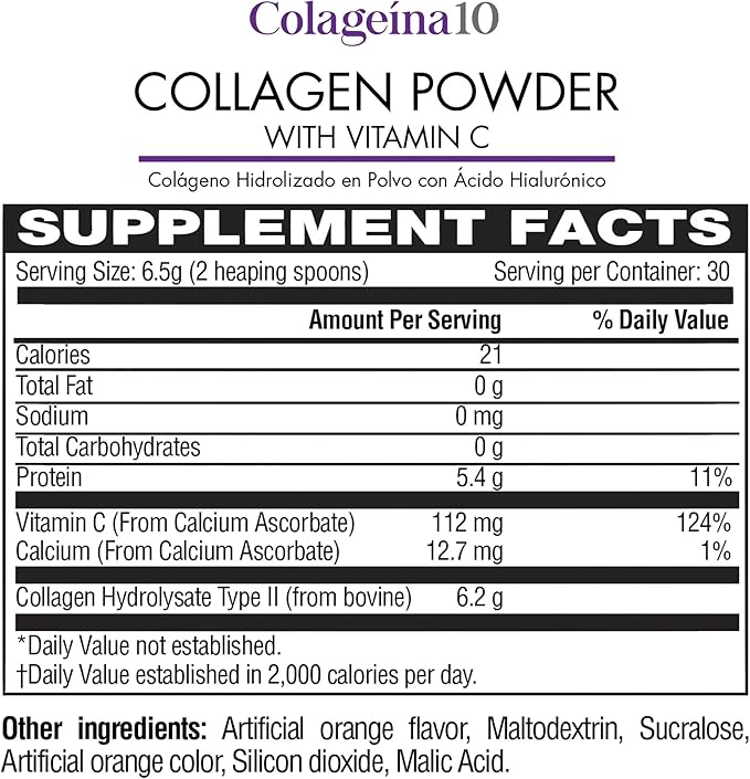 Colageina 10 Hydrolyzed Collagen Powder with Vitamin C (195 gr) - Orange Flavor - Anti-Aging Dietary Supplement for Healthy Skin, Hair, Nails, Joints, and Bones