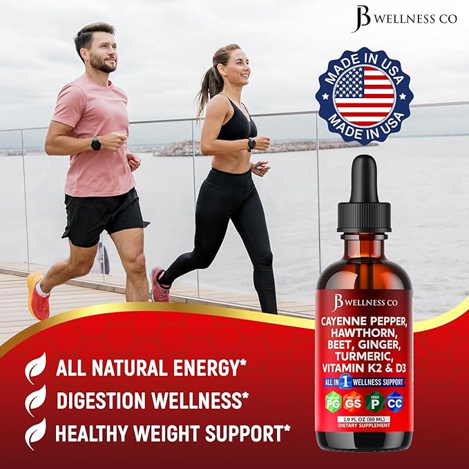 Cayenne Pepper Supplement Liquid Drops + Hawthorn Berry, Vitamin D3 K2 Beet Root Powder, Ceylon Cinnamon, Turmeric Curcumin, Organic Panax Ginseng - 6oz