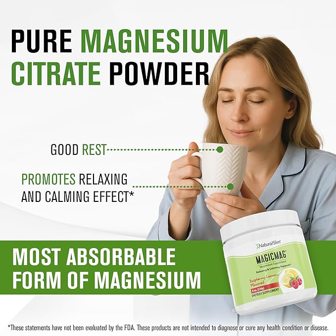 NaturalSlim Magicmag Pure Magnesium Citrate Powder Stress, Constipation, Muscle, Heart Health, and Sleep Support | Raspberry Lemon Magnesium Supplement - 8oz Drink Mix (2 Pack)