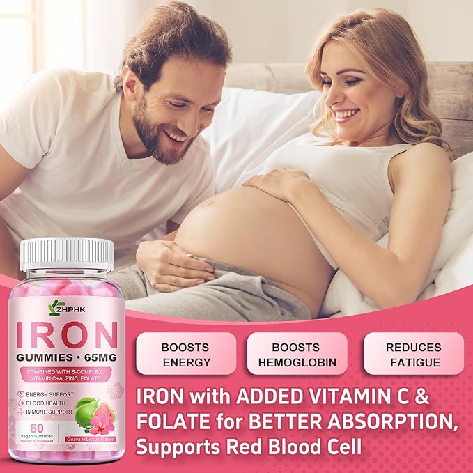 Iron Gummies Vitamin Supplement 65mg & Vitamin C 250mg per Serving with B6 B12 Folate- Energy Support for Iron Deficiency, Anemia, Vegan Guava Hibiscus Flavor, 60 Count