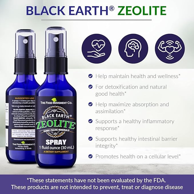 Black Earth Zeolite with Humic Fulvic Acids, Trace Minerals, for Adults and Kids Supports Gut Health, Immune Support, Digestion and Elimination and More 1oz Liquid Pump Spray Supplement (2 Pack)