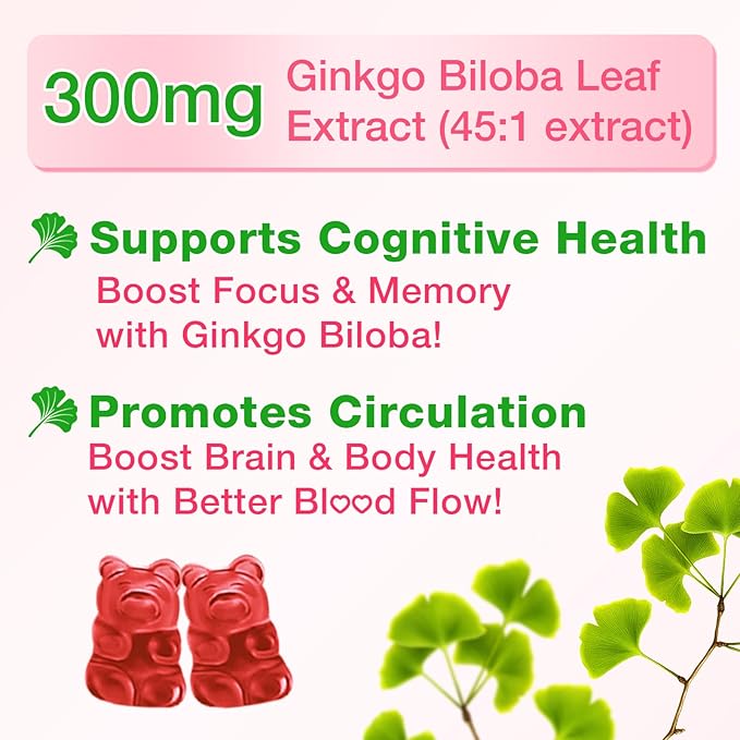 2 Pack Ginkgo Biloba Gummies with Panax Ginseng and Magnesium, Ginkgo Biloba Supplements for Focus, Memory, and Brain Health for Adults & Kids, Vegan Raspberry Flavor Gummies, 120 Count