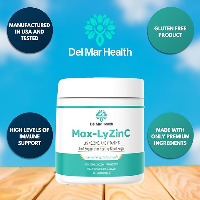 Max-LyZinC | L-Lysine 1100 mg + Zinc 6 mg + Vitamin C 100 mg - 3-in-1 Supplement for Maintaining Blood Sugar Already in The Healthy Range - One-Scoop-Per Day Powder