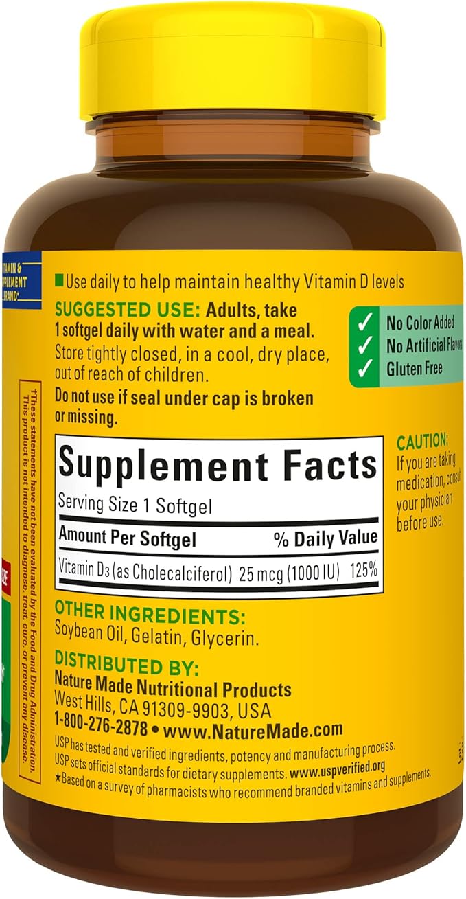 Nature Made Vitamin D3 1000 IU (25 mcg), Vitamin D Supplement for Bone, Teeth, Muscle and Immune Health Support, 300 Softgels, 300 Day Supply