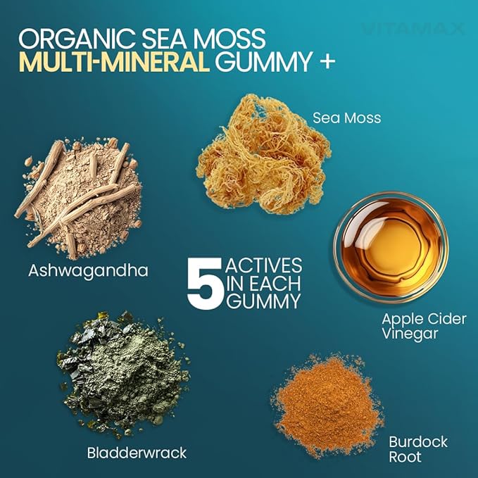 Irish Sea Moss Gummies, Sea Moss, Bladderwrack, Ashwagandha, Burdock Root, ACV - Multi-Mineral - Non-GMO and Vegan – Made in USA – 60ct