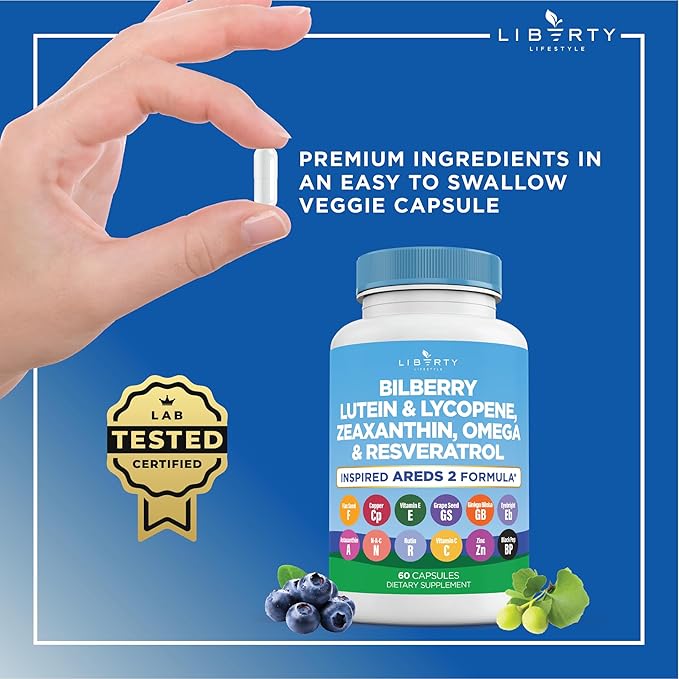 Eye Health Vitamins with Bilberry, Lutein & Zeaxanthin, Lycopene, Resveratrol, Grape Seed Extract, Flaxseed Astaxanthin- AREDS 2-120 Capsules