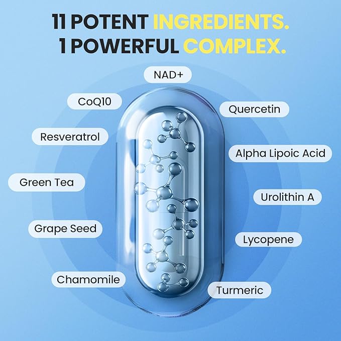 NAD+ Supplement Extra Strength - Liposomal + Resveratrol for Women & Men, CoQ10, Alpha Lipoic Acid, Green Tea, Quercetin, Urolithin A, Lycopene – High Purity Anti-Aging, Energy & Regeneration – 60ct