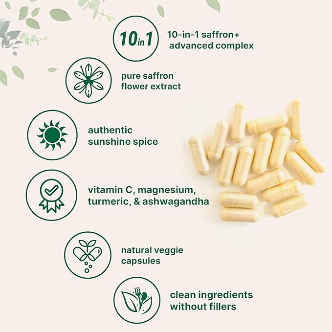 Micro Ingredients Saffron+ Advanced, 60 Veggie Capsules | 10-in-1 Formula with High Absorption Fat-Soluble Vitamin C, Magnesium, Turmeric & Ashwagandha | Mood & Energy Support | Filler Free