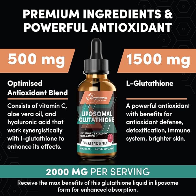2000MG Liposomal Glutathione Liquid Drops, Ultra High Absorption, Natural Detoxification, Immune System & Skin Supprot*, L-Glutathione, Vitamin C & Hyaluronic Acid, Capsules Alternative, 8.08 OZ