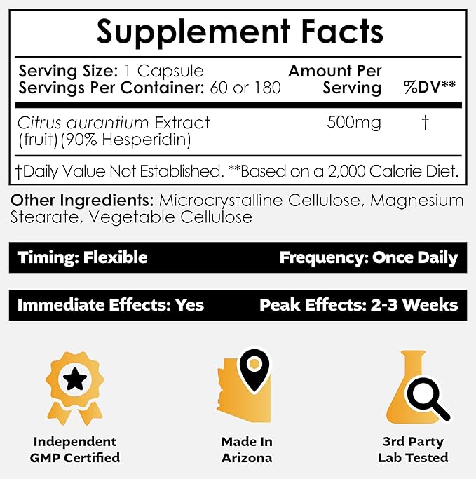 Nootropics Depot Hesperidin Capsules | 500mg | 180 Count | 90% Extract | Citrus aurantium | Supports Metabolic Function + Cardiovascular Health