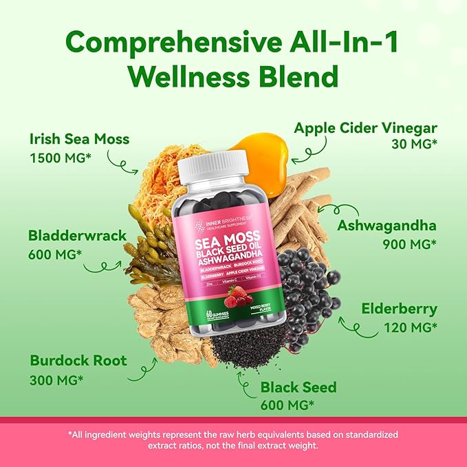 Irish Sea Moss Gummies with Ashwagandha, Elderberry, Apple Cider Vinegar, Bladderwrack, Burdock Root & Black Seed for Immune Support – Mixed Berry Flavor, 2 Pack
