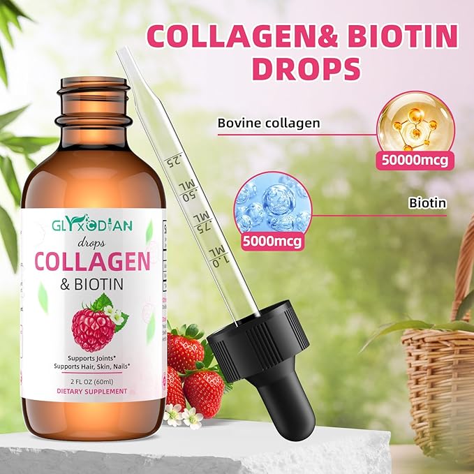 Collagen Biotin Liquid Drops:50000mcg Liquid Collagen Supplement Enhanced Hair Growth High Antioxidant Support Skin Strong Nail Strength Vitamin C Hyaluronic Acid Non-GMO Formula for Women Men