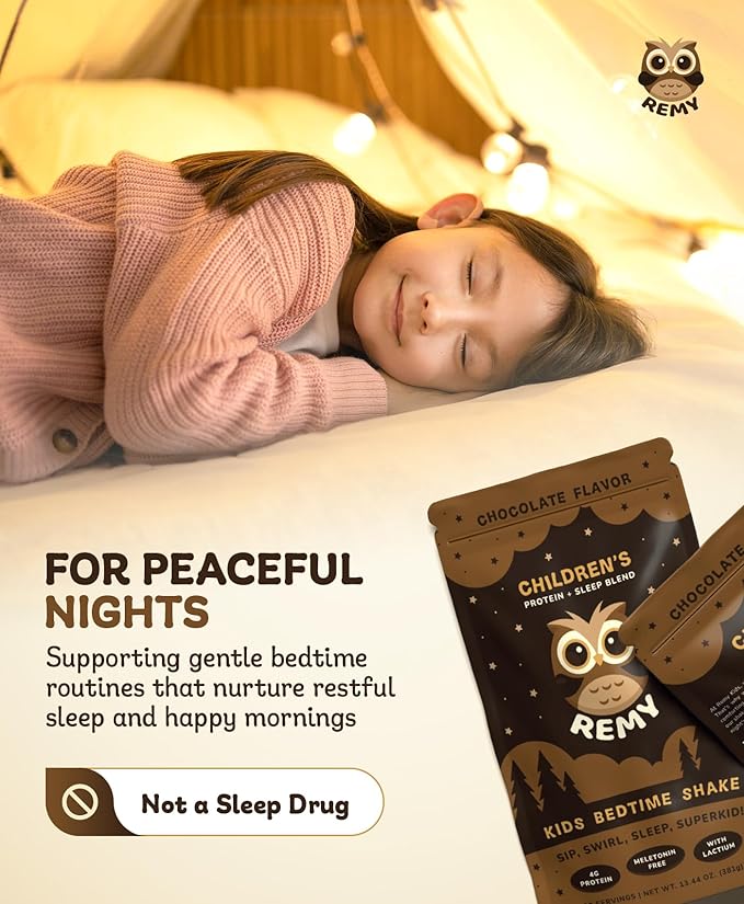 Happy Owl Remy Protein Sleep Aid Supplements for Kids, Melatonin-Free Formula, Lactium, L Theanine, Vitamin D, B6, Calcium & Herbal Extracts Sleep Aid for Kids, Balanced Nutritional Drink, Non GMO