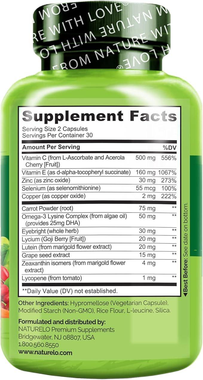 NATURELO Eye Vitamins - AREDS 2 Formula Nutrients with Lutein, Zeaxanthin, Vitamin C, E, Zinc, Plus DHA - Supplement for Dry Eyes, Healthy Vision, Eye Support - 60 Vegan Capsules