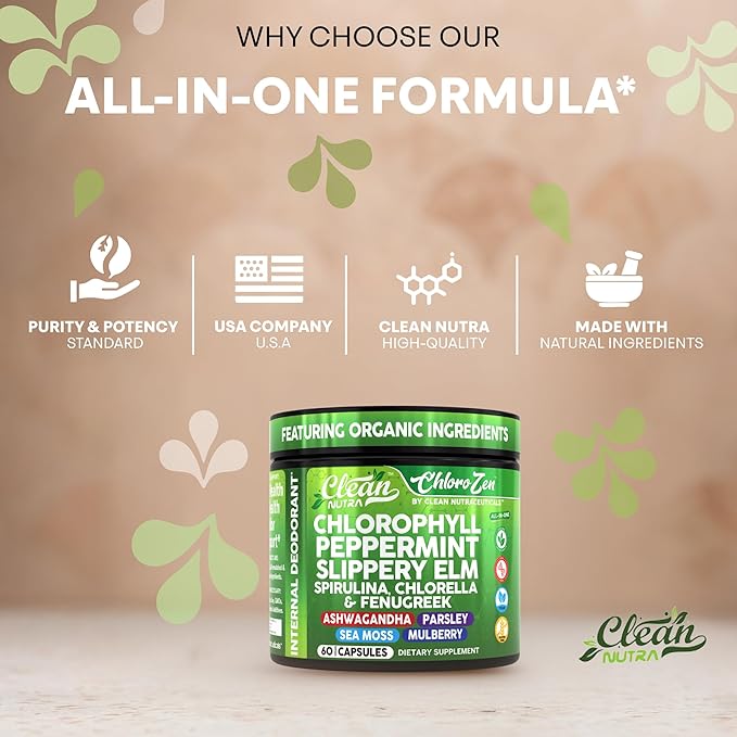 Clean Nutra Chlorophyll Peppermint Slippery Elm Spirulina Chlorella Fenugreek Ashwagandha Sea Moss Supplement – Ph Balance for Women Detox Internal Deodorant Supplements + Prebiotics 60 Vegan Capsules