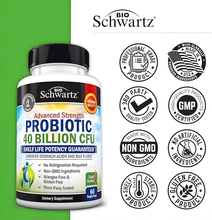 BioSchwartz Daily Probiotic Nutritional Supplement - 40 Billion CFU for Gut Health - Probiotics for Men and Women - Digestive Health with Astragalus & Lactobacillus - Shelf Stable - 60 Count