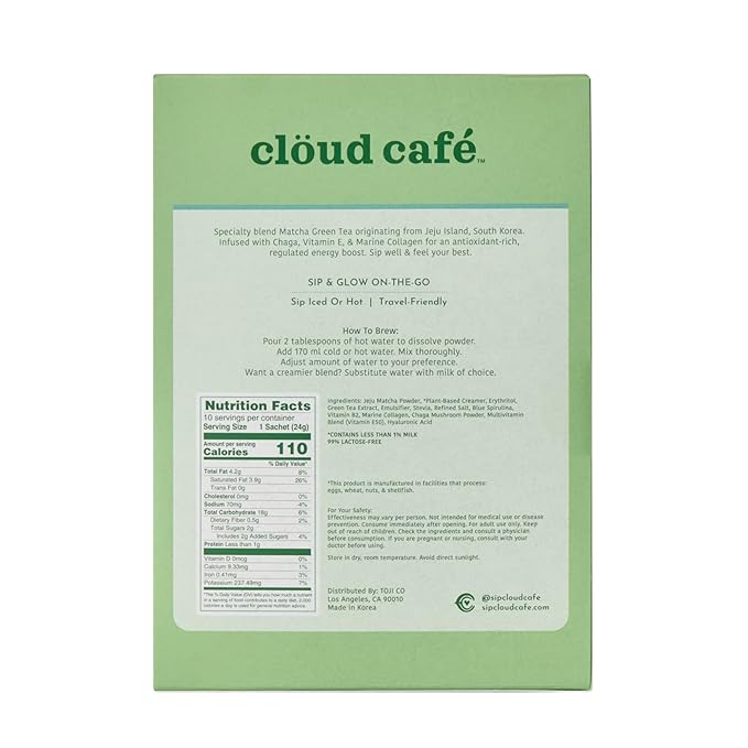 Clöud Café Collagen Infused Matcha Latte Powder - Vitamin E, Chaga Mushroom, & Marine Collagen Powder Instant Tea (10 Sachets)