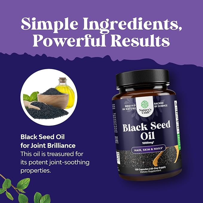 Cold Pressed Black Seed Oil Capsules - Vegan Nigella Sativa Black Cumin Seed Oil Capsules with Omega 3 6 9 Antioxidants and Thymoquinone for Hair Growth Immune Support Joint Health and Digestion