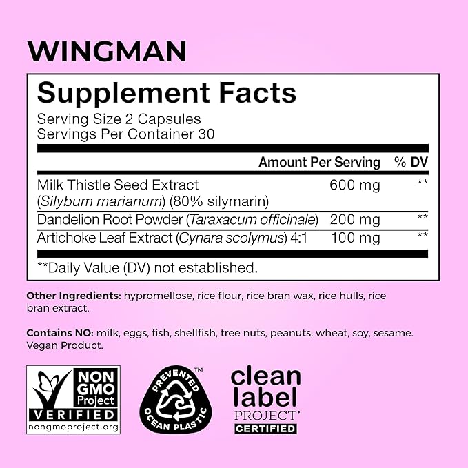 HUM Wing Man Liver Support Supplement with Milk Thistle, Dandelion Root Powder & Artichoke Leaf Extract For Liver Health & Function Support, Milk Thistle Supplement Helps Flush Out Toxins, 60 Capsules