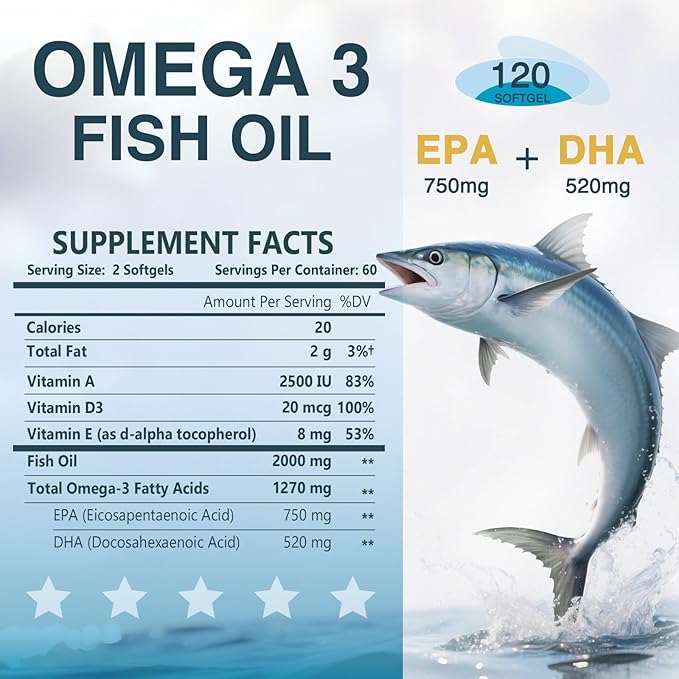 NATURE TARGET Omega 3 Fish Oil 2000mg Softgels with Vitamin D3 & E & A - EPA & DHA- Max-Absorption, Supports Heart, Brain & Immune Health, Non-GMO, 120 Softgels