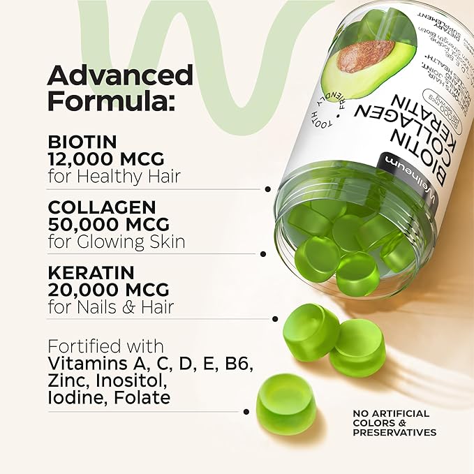 Biotin and Collagen Peptide Gummies for Hair Growth, Skin and Nails 120 Pcs (2 Pack) - 82000 Mcg - Biotin Chewables with Keratin Max Strength - Beauty Gummies for Women and Men - Sugar Free, Non-GMO