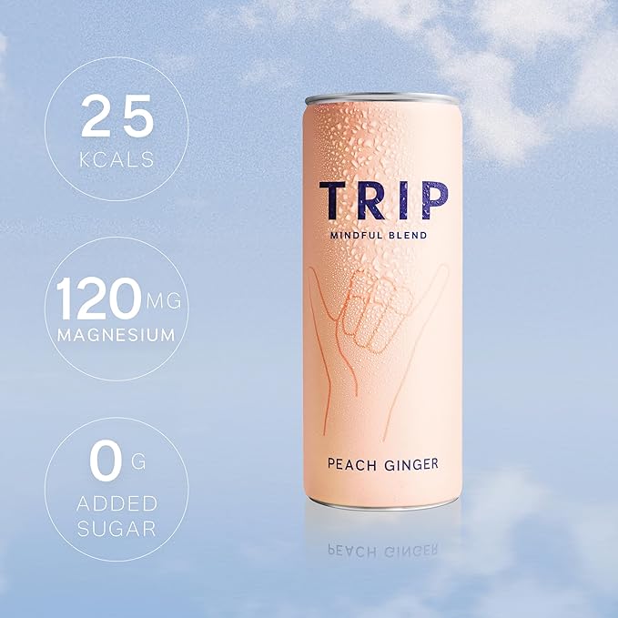 Trip Mindful Blend, Lightly Sparkling Adaptogen Seltzer, Mocktail w/ 120mg Magnesium Citrate with Ashwagandha, Lions Mane & L Theanine, No Added Sugar, Vegan, Peach Ginger, 12 Oz, 12Pk