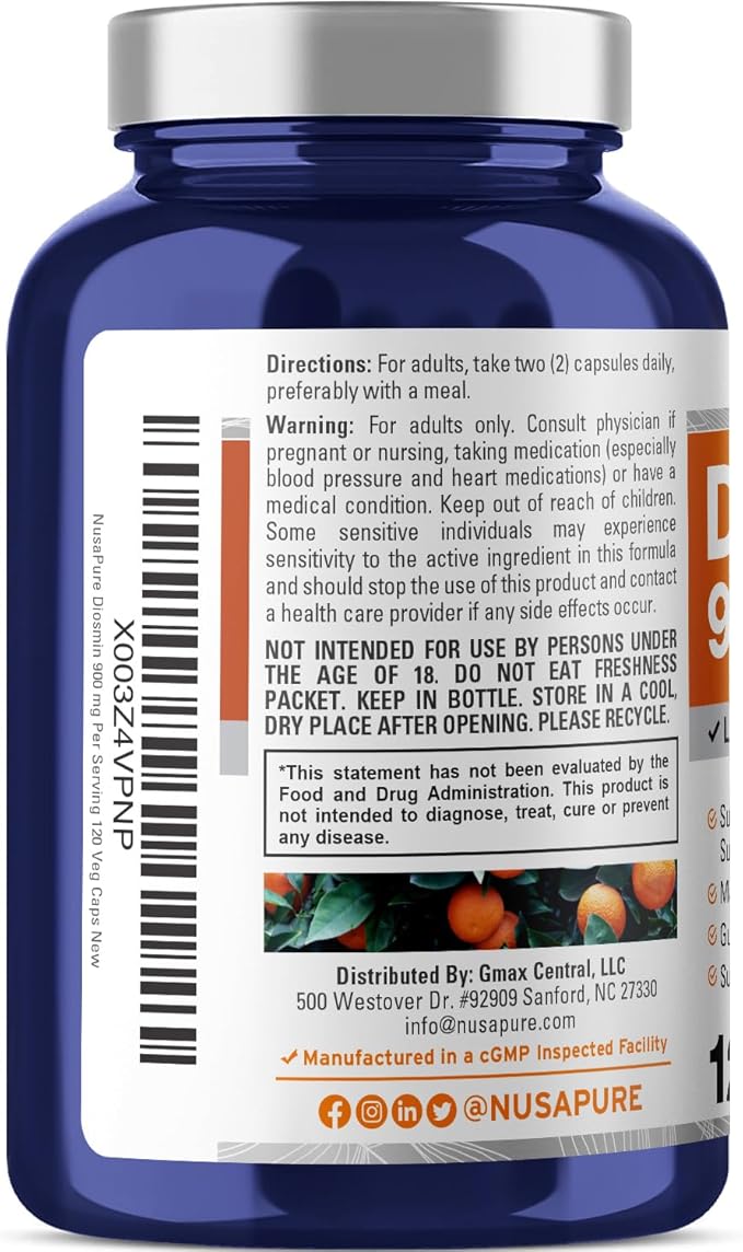 NusaPure Diosmin 900mg per Serving 120 Veggie Caps (Non-GMO, Vegan)
