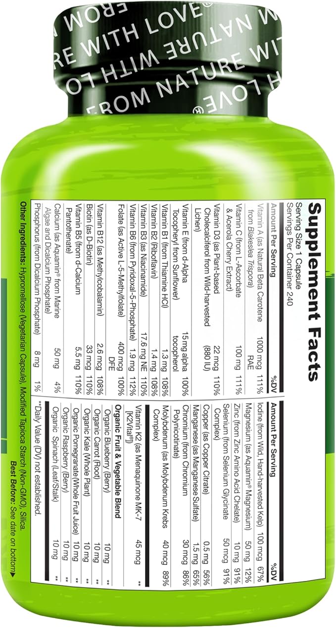 NATURELO Mens Multivitamins - One Daily Multivitamin for Men with Vitamins, Minerals & Organic Whole Foods, Boost Energy & Health, Non-GMO, 240 Vegetarian Capsules