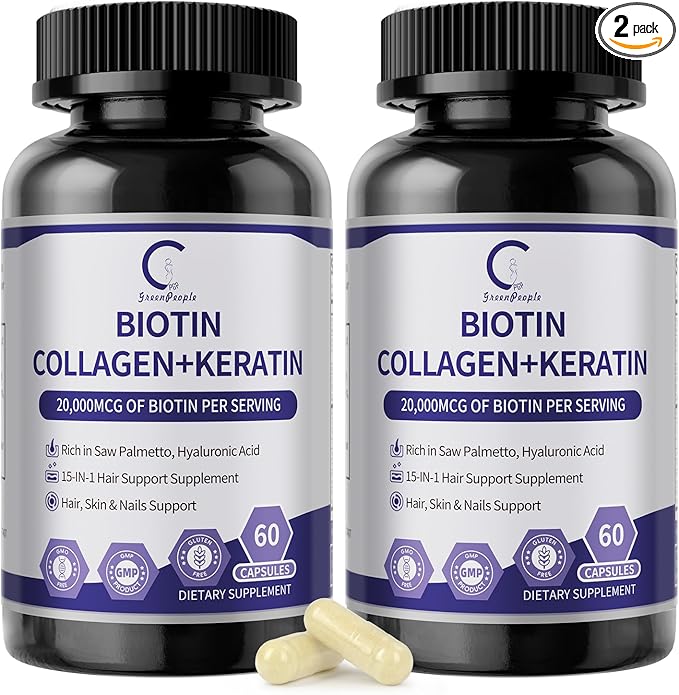GPGP GreenPeople Biotin | Collagen | Keratin - Hair Growth biotin 20000MCG-Hair, Skin & Nails with Multivitamins & Minerals for Men & Women - 120 Capsules