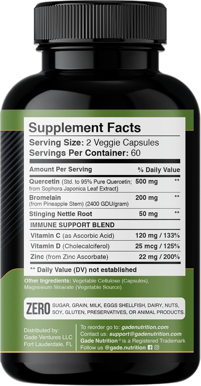 Gade Nutrition Quercetin with Vitamin C, Zinc & Stinging Nettle - Nettle Quercetin - Quercetin 500mg - Quercetin with Bromelain - Zinc Quercetin + Vitamin D3-360 Veggie Caps - 6 Month Supply