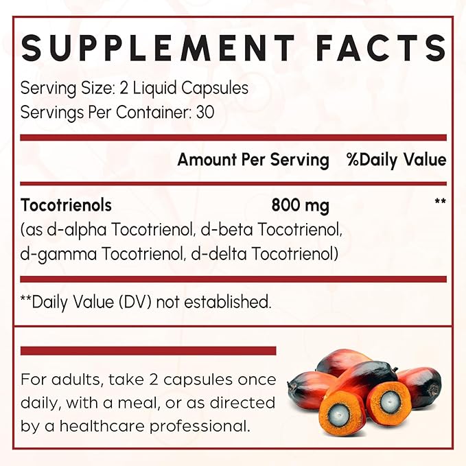 Kroppssund Tocotrienol Supplement Full Spectrum, Tocotrienol Vitamin E-Tocotrienols 800mg - 60 Liquid-Filled Capsules