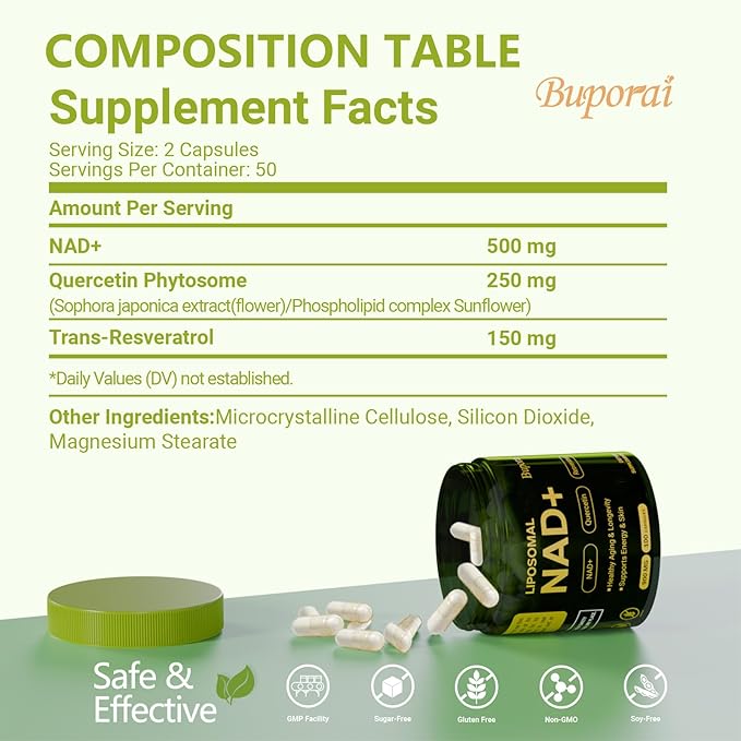 NAD Supplement 900mg with Resveratrol & Quercetin, NAD Supplement for Anti-Aging, Cellular Energy & Repair-100 Capsules