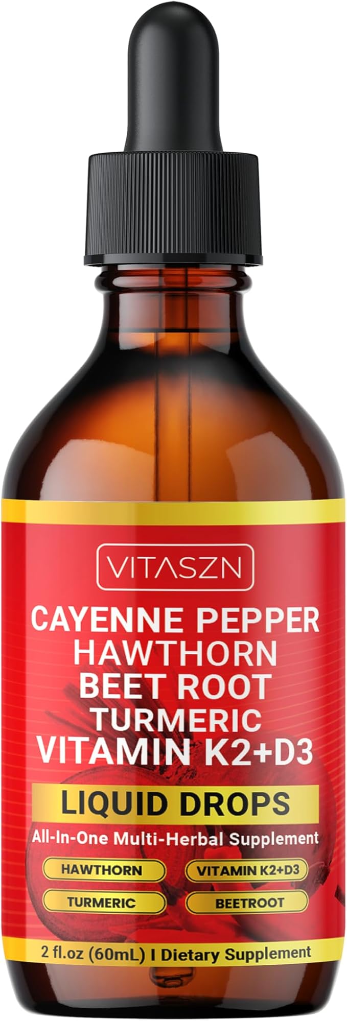 Cayenne Pepper Drops Liquid Supplement with Hawthorn Berry, Vitamin D3 + K2, Beet Root, Ceylon Cinnamon, Turmeric Curcumin, Panax Ginseng & Berberine Vegan-Friendly, Easily Absorbed 2oz - 60ml