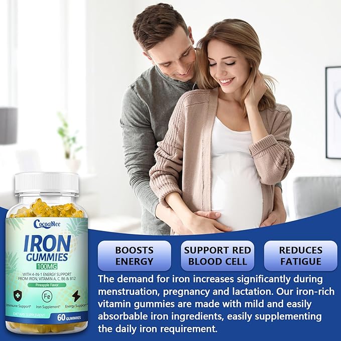 2 Pack 100MG Iron Supplements Gummies for Women & Men - Vitamin C, A, B12 - Complex, Improve Absorption, Energy Boost, Iron Deficiency, Anemia for Adults & Kids - Complex Folate, Zinc, 120Cts