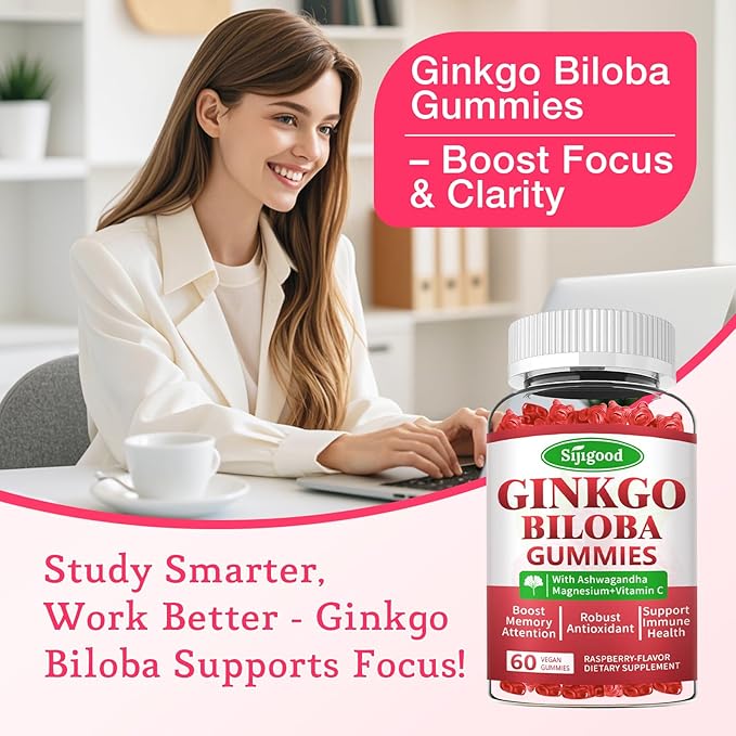 2 Pack Ginkgo Biloba Gummies with Panax Ginseng and Magnesium, Ginkgo Biloba Supplements for Focus, Memory, and Brain Health for Adults & Kids, Vegan Raspberry Flavor Gummies, 120 Count